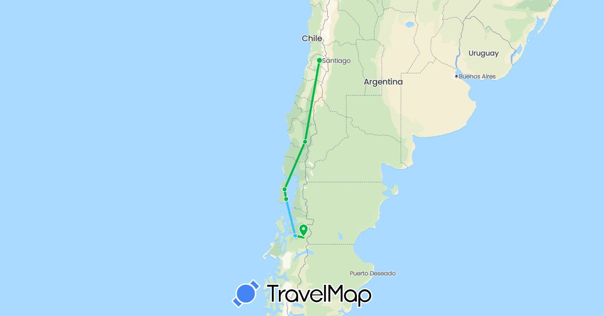 TravelMap itinerary: driving, bus, boat in Chile (South America)